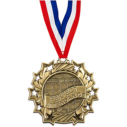 Perfect Attendance Ten Star Gold Medal with Ribbon
