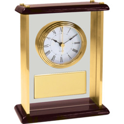 Glass and Brass Rosewood Desk Clock w/Gold Plate - 7 1/4 x 9 1/8" 